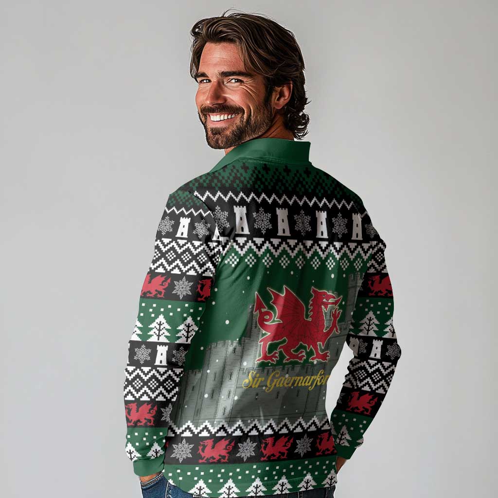 Caernarfonshire Wales Christmas Long Sleeve Polo Shirt Caernarfon Castle Red Dragon - Wonder Print Shop