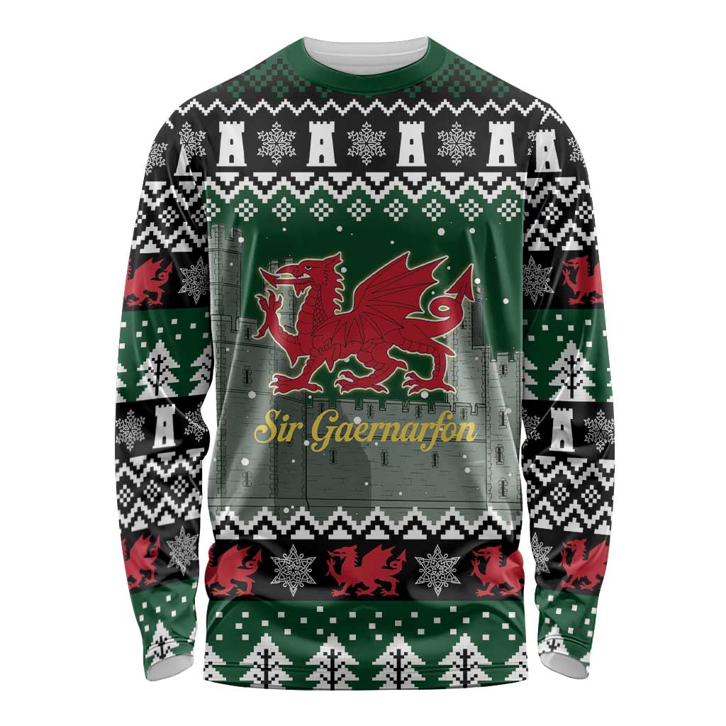 Caernarfonshire Wales Christmas Long Sleeve Shirt Caernarfon Castle Red Dragon - Wonder Print Shop