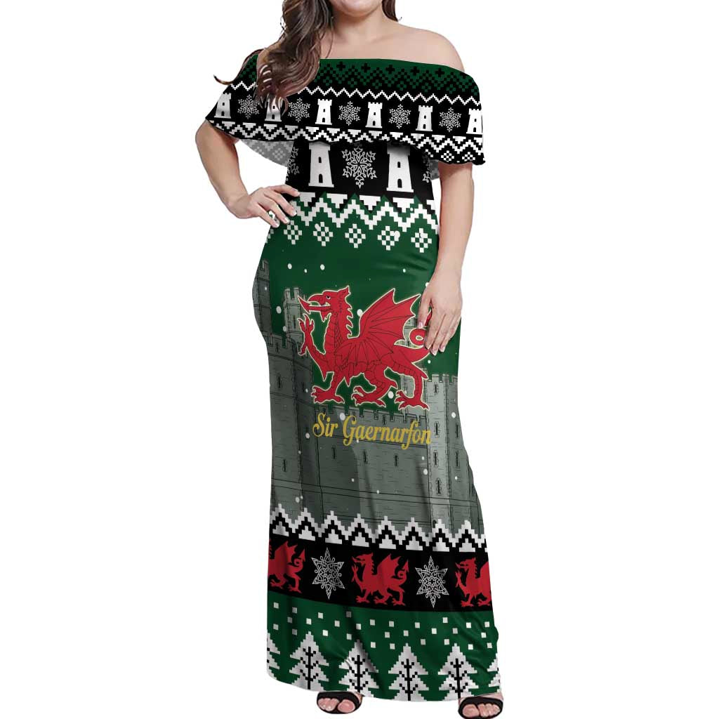 Caernarfonshire Wales Christmas Off Shoulder Maxi Dress Caernarfon Castle Red Dragon - Wonder Print Shop