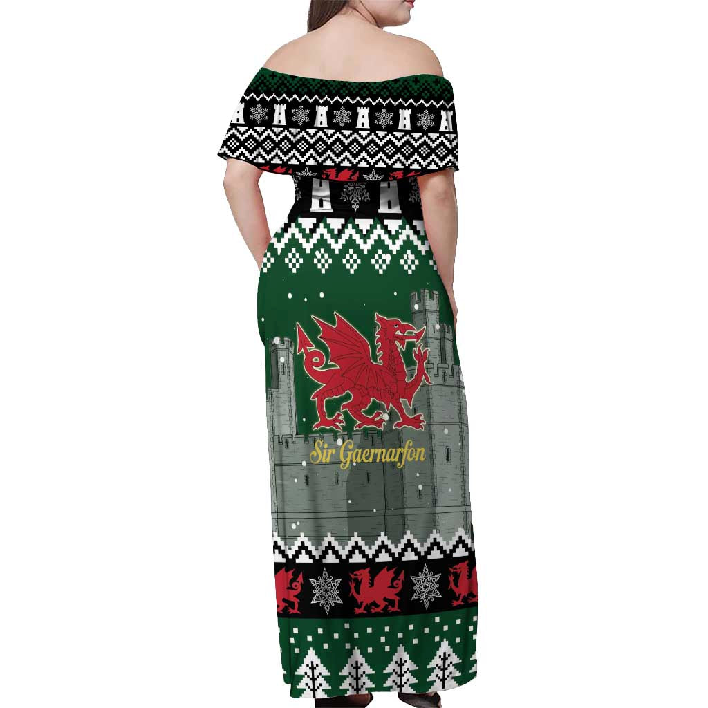 Caernarfonshire Wales Christmas Off Shoulder Maxi Dress Caernarfon Castle Red Dragon - Wonder Print Shop
