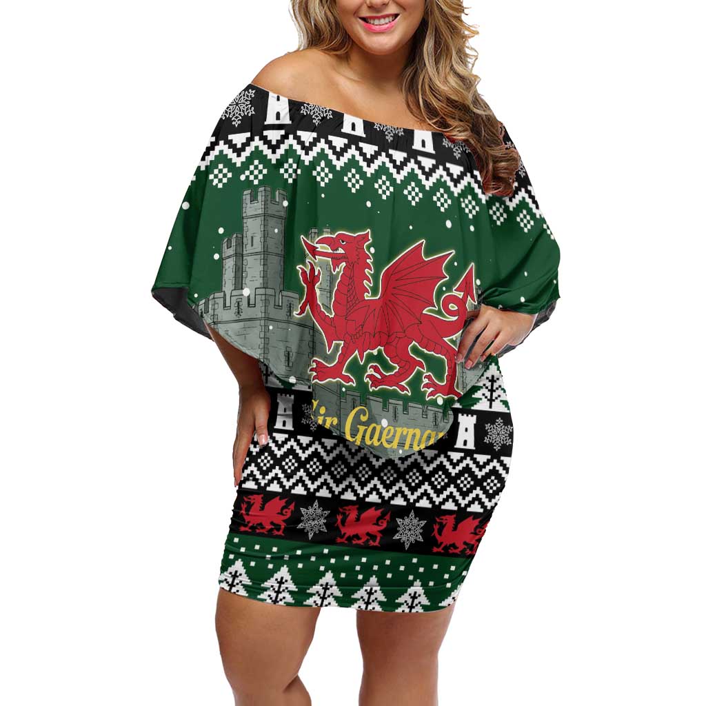 Caernarfonshire Wales Christmas Off Shoulder Short Dress Caernarfon Castle Red Dragon - Wonder Print Shop