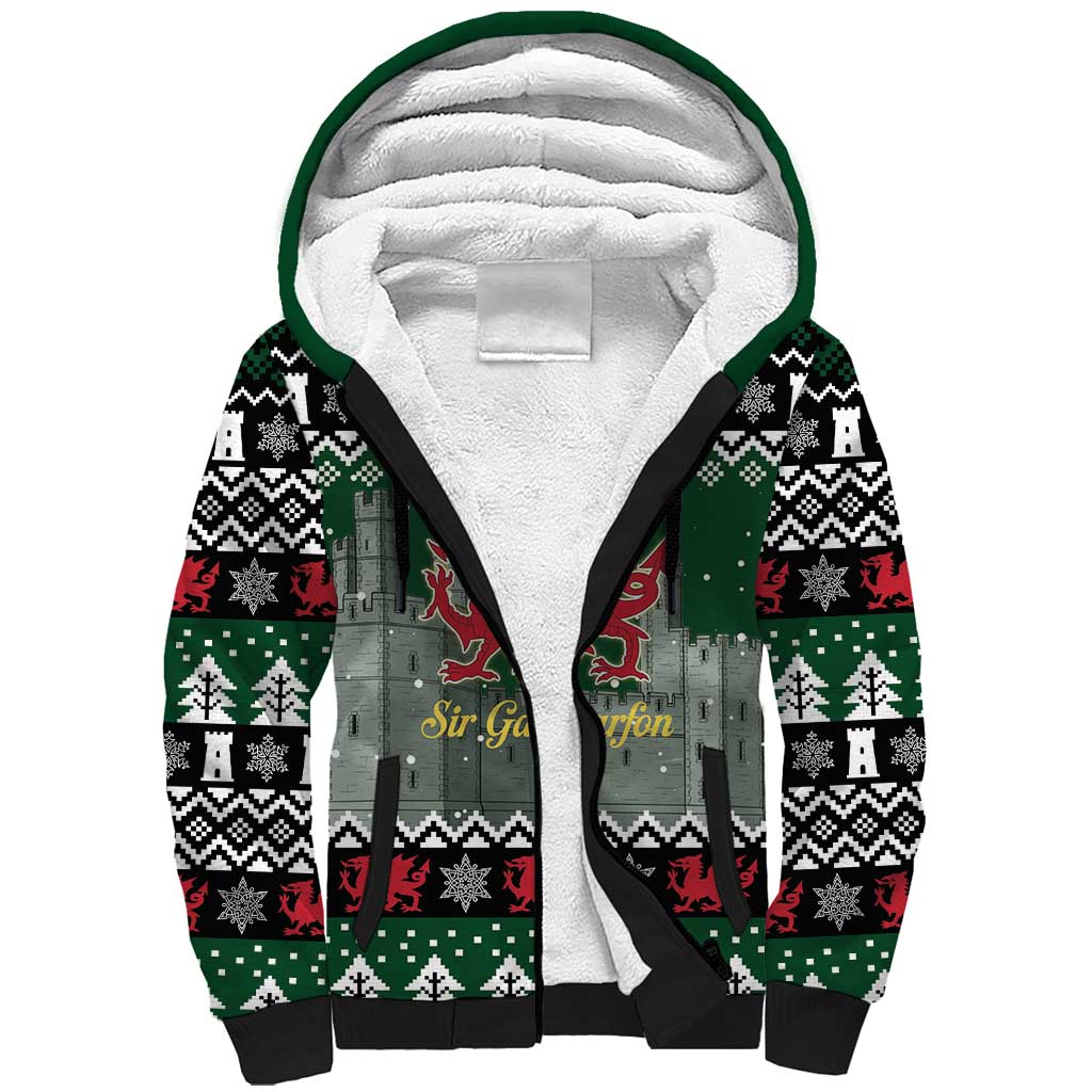 Caernarfonshire Wales Christmas Sherpa Hoodie Caernarfon Castle Red Dragon - Wonder Print Shop