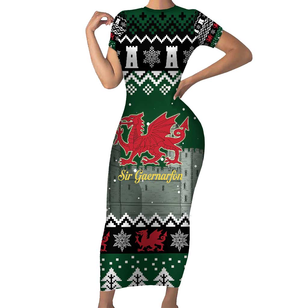 Caernarfonshire Wales Christmas Short Sleeve Bodycon Dress Caernarfon Castle Red Dragon - Wonder Print Shop