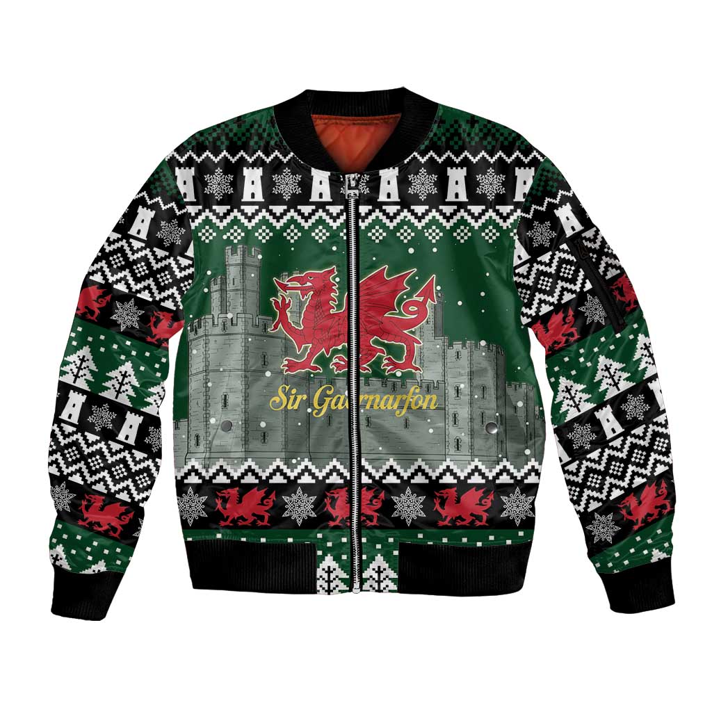 Caernarfonshire Wales Christmas Sleeve Zip Bomber Jacket Caernarfon Castle Red Dragon - Wonder Print Shop