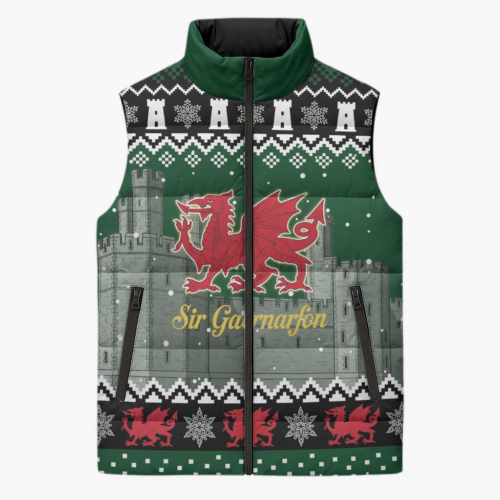 Caernarfonshire Wales Christmas Sleeveless Puffer Jacket Caernarfon Castle Red Dragon - Wonder Print Shop