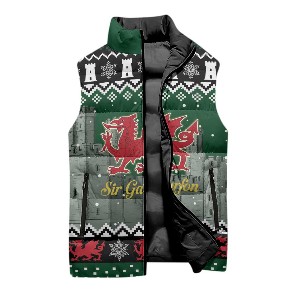 Caernarfonshire Wales Christmas Sleeveless Puffer Jacket Caernarfon Castle Red Dragon - Wonder Print Shop