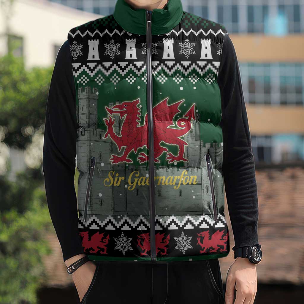 Caernarfonshire Wales Christmas Sleeveless Puffer Jacket Caernarfon Castle Red Dragon - Wonder Print Shop