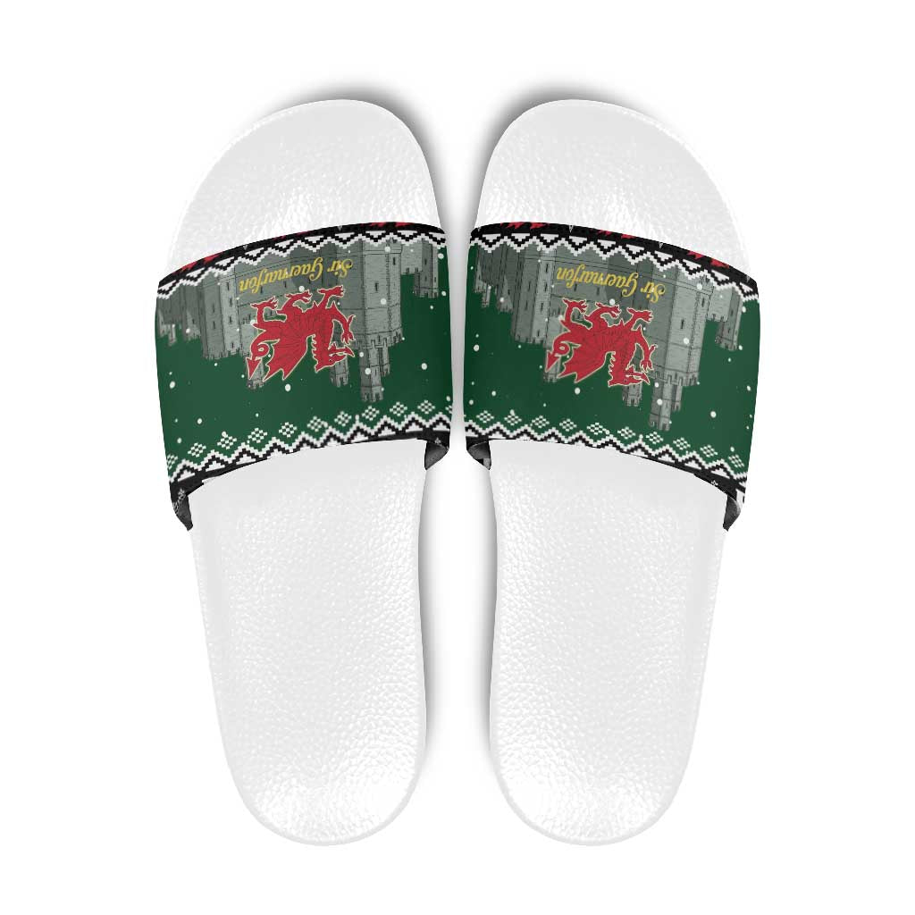 Caernarfonshire Wales Christmas Slide Sandals Caernarfon Castle Red Dragon - Wonder Print Shop