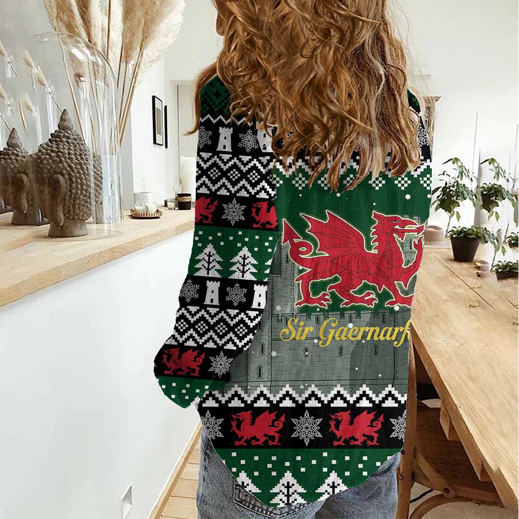 Caernarfonshire Wales Christmas Women Casual Shirt Caernarfon Castle Red Dragon - Wonder Print Shop