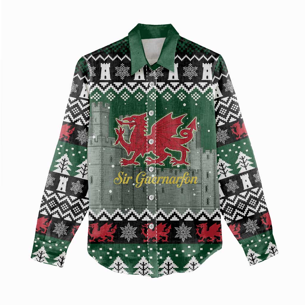 Caernarfonshire Wales Christmas Women Casual Shirt Caernarfon Castle Red Dragon - Wonder Print Shop