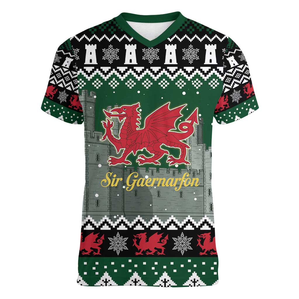 Caernarfonshire Wales Christmas Women V-Neck T-Shirt Caernarfon Castle Red Dragon - Wonder Print Shop