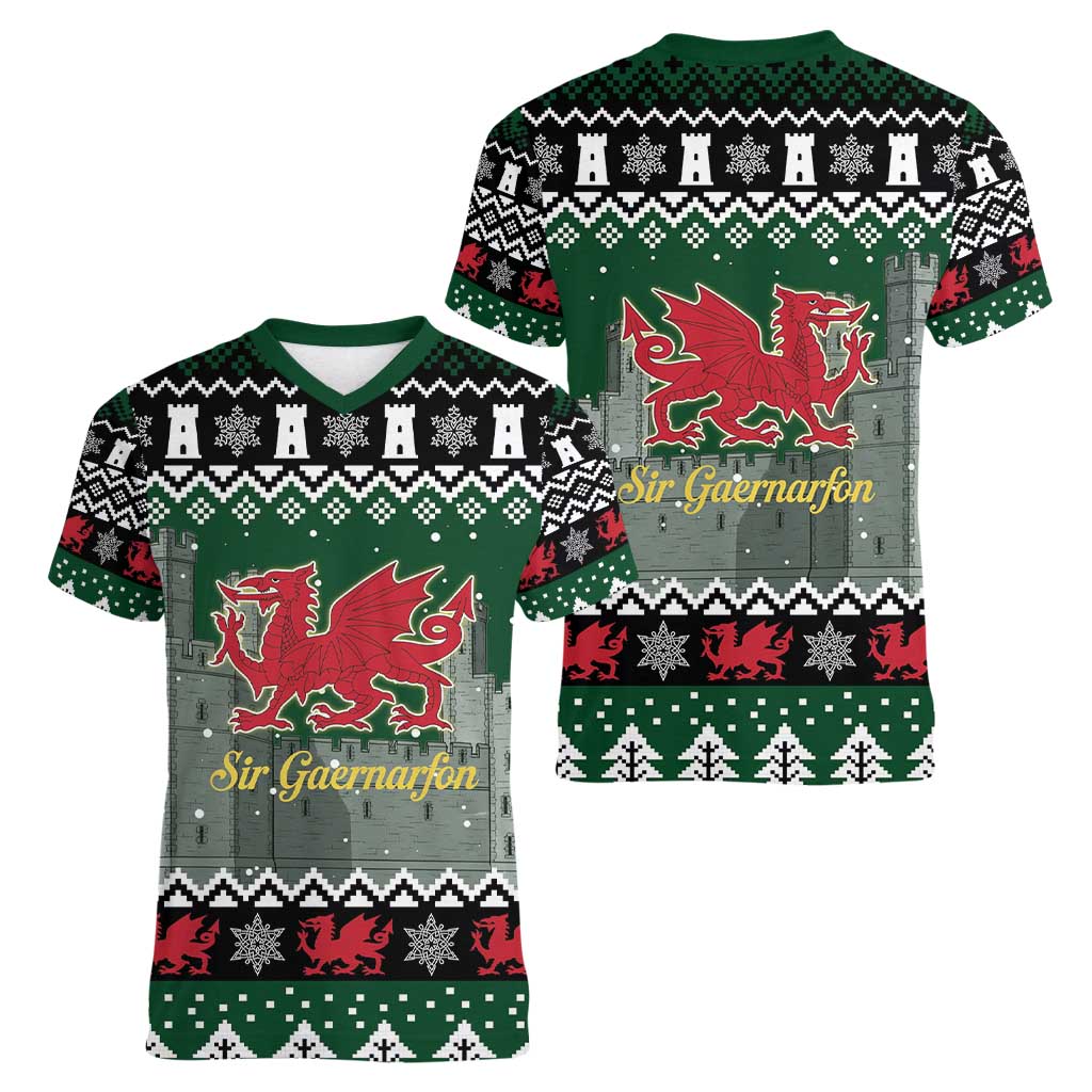Caernarfonshire Wales Christmas Women V-Neck T-Shirt Caernarfon Castle Red Dragon - Wonder Print Shop