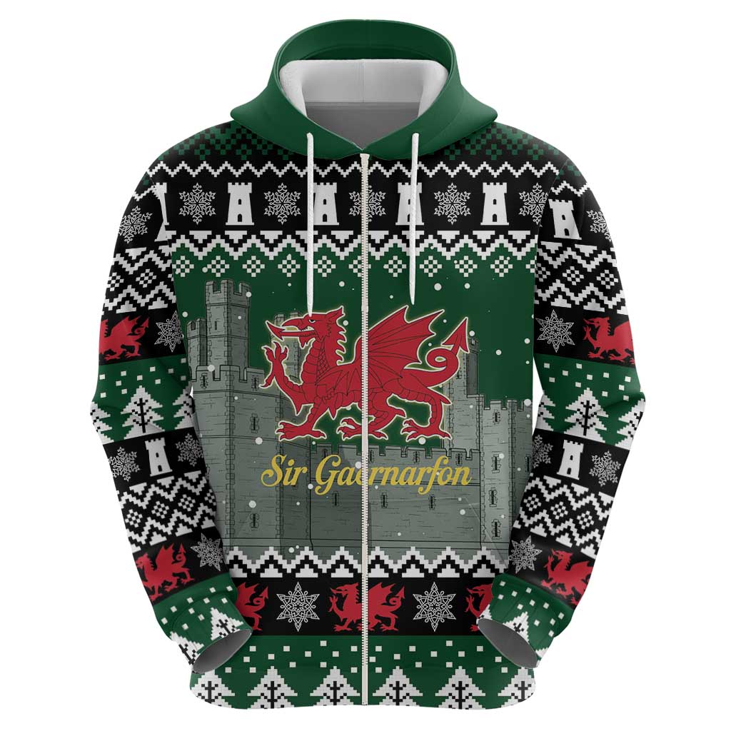 Caernarfonshire Wales Christmas Zip Hoodie Caernarfon Castle Red Dragon - Wonder Print Shop