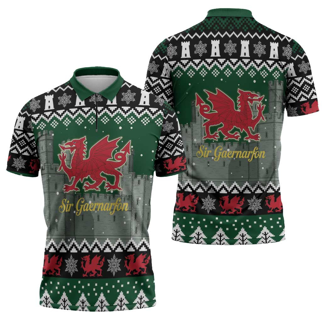 Caernarfonshire Wales Christmas Zipper Polo Shirt Caernarfon Castle Red Dragon - Wonder Print Shop