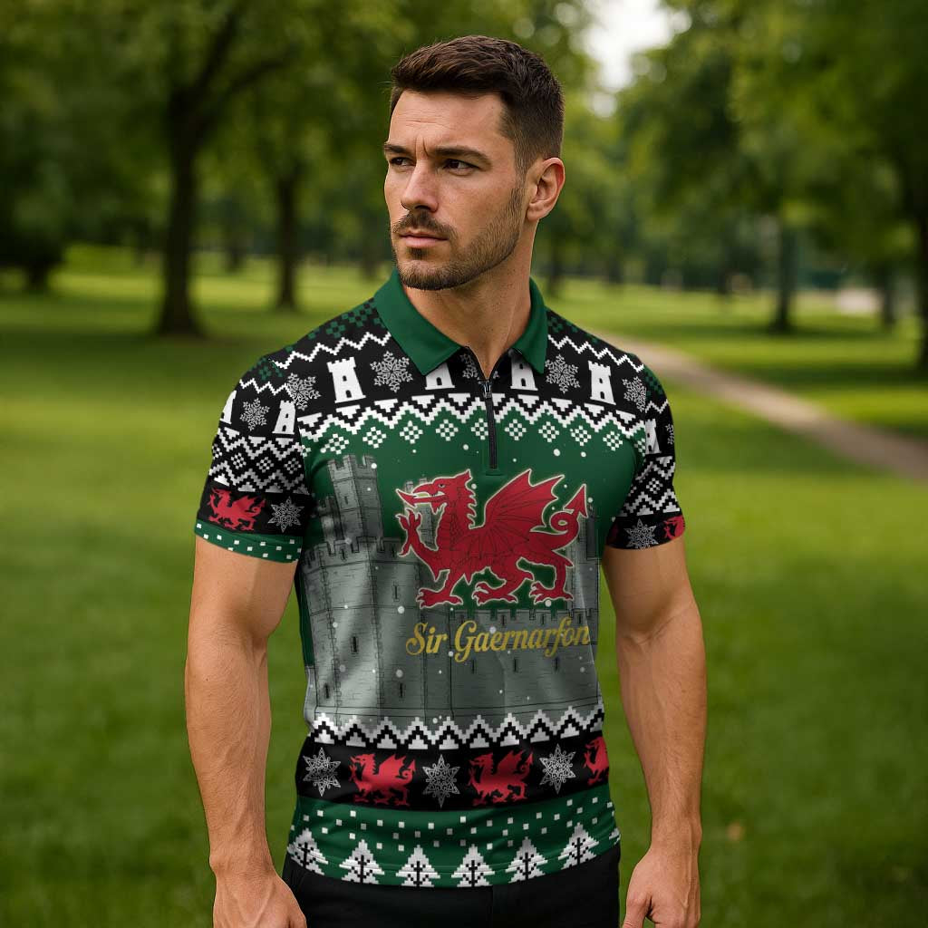 Caernarfonshire Wales Christmas Zipper Polo Shirt Caernarfon Castle Red Dragon - Wonder Print Shop