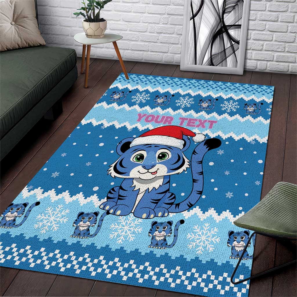 Personalized Blue Tiger Christmas Area Rug Kawaii Derpy Tiger Santa Mode - Wonder Print Shop