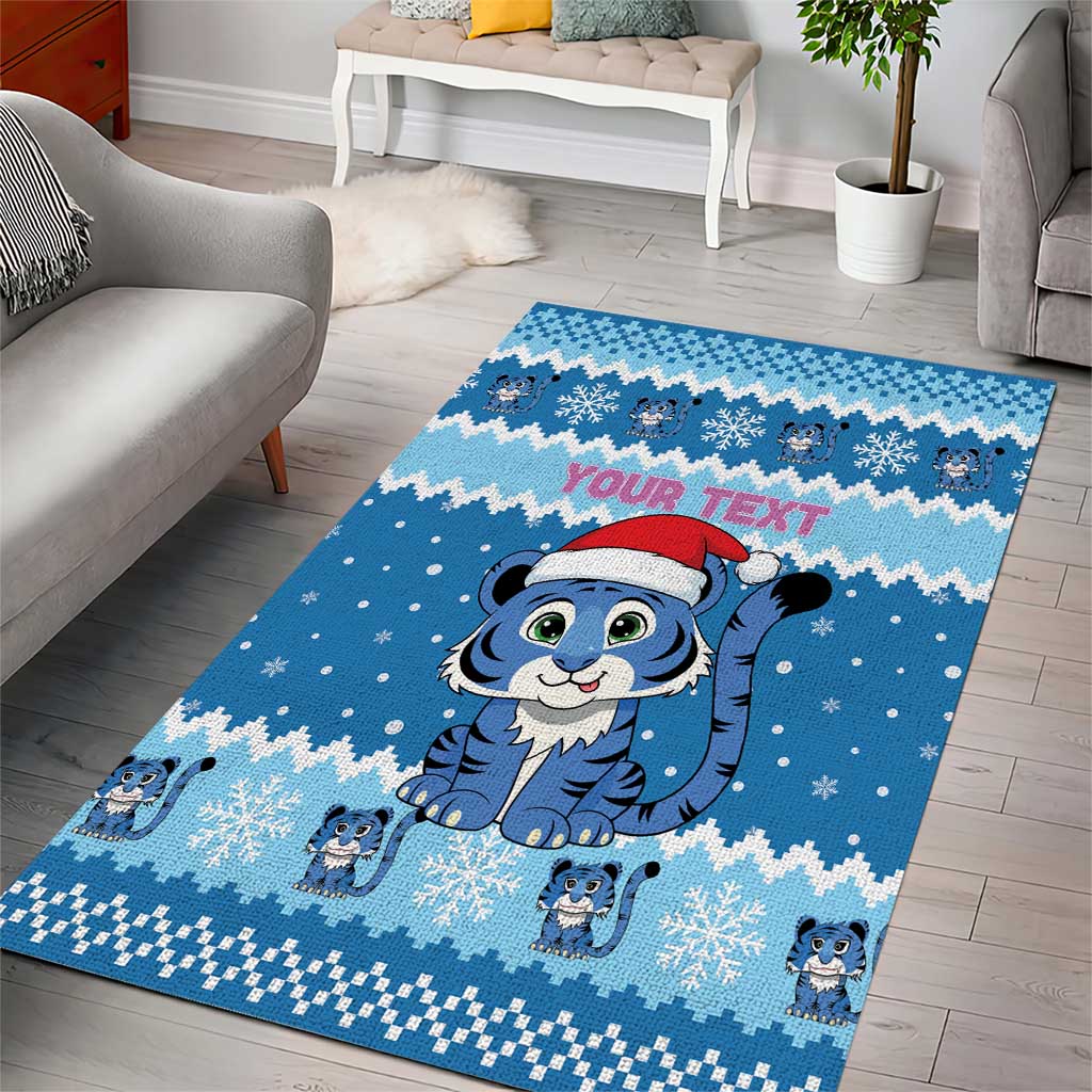 Personalized Blue Tiger Christmas Area Rug Kawaii Derpy Tiger Santa Mode - Wonder Print Shop