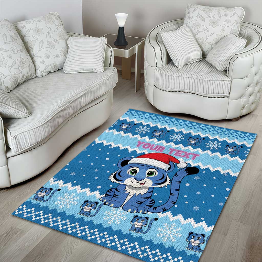 Personalized Blue Tiger Christmas Area Rug Kawaii Derpy Tiger Santa Mode - Wonder Print Shop