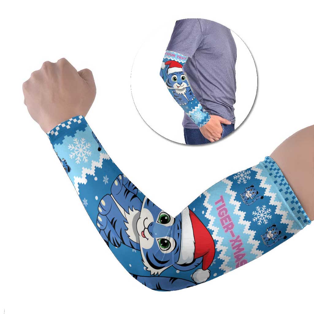 Personalized Blue Tiger Christmas Arm Sleeves Kawaii Derpy Tiger Santa Mode - Wonder Print Shop