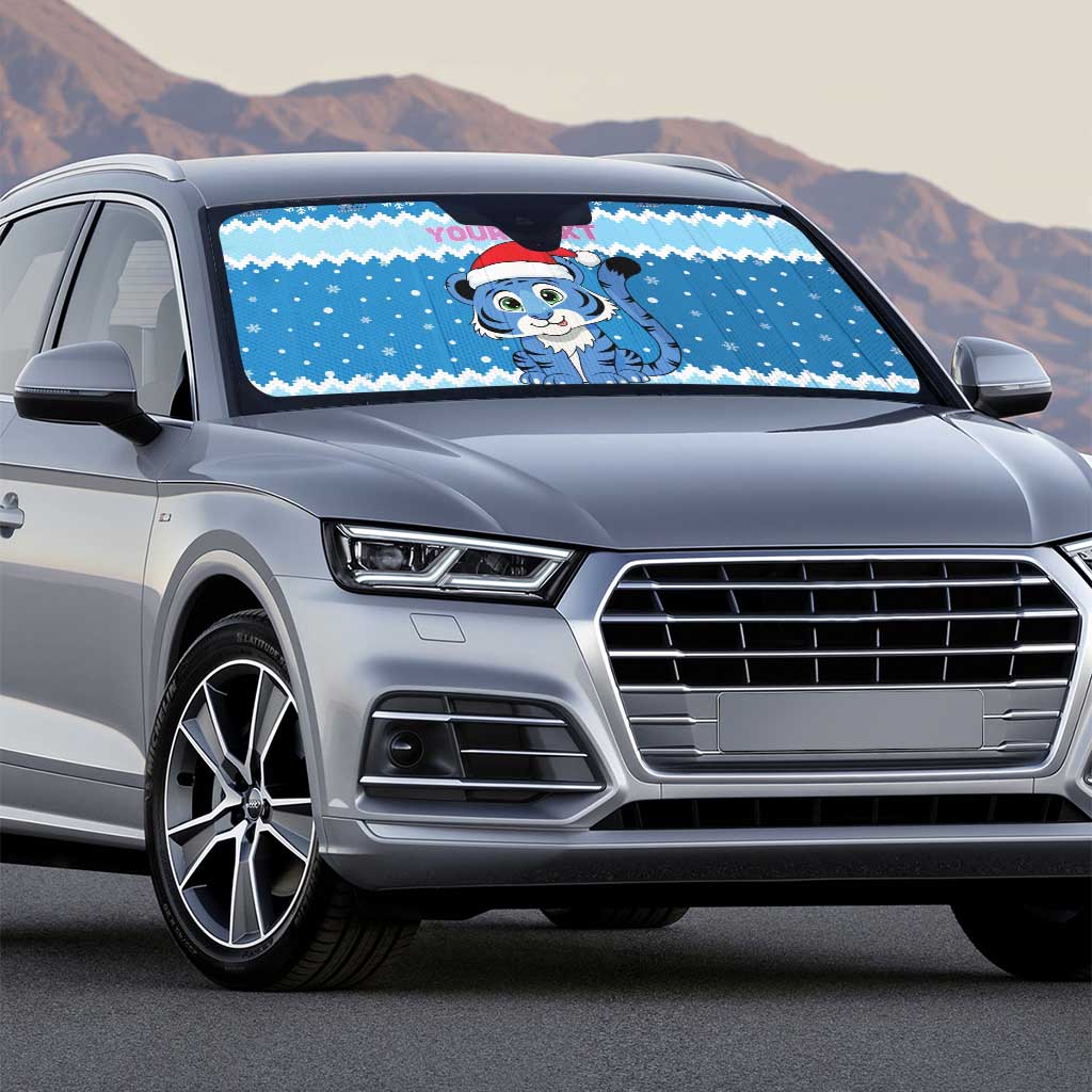 Personalized Blue Tiger Christmas Auto Sun Shade Kawaii Derpy Tiger Santa Mode - Wonder Print Shop
