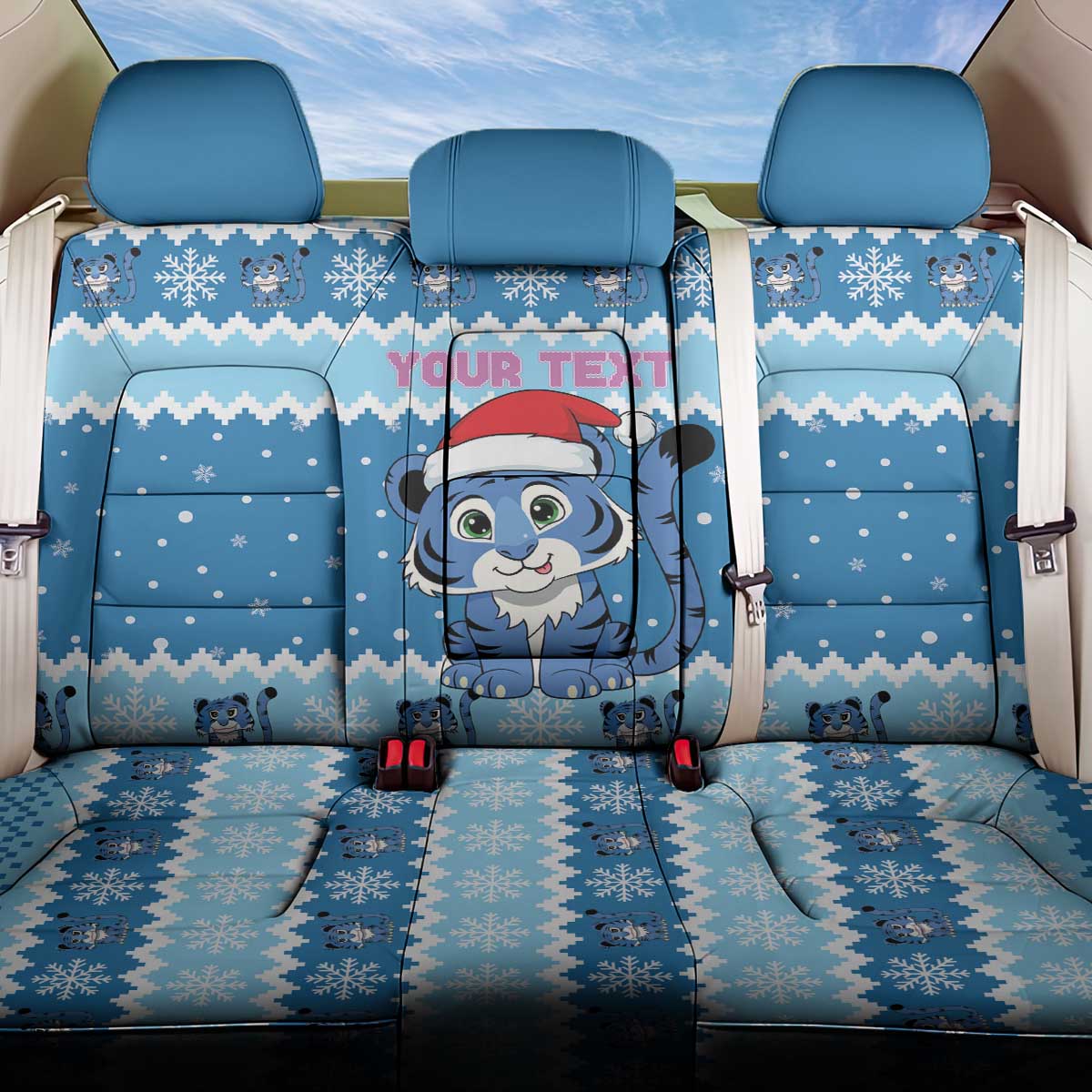 Personalized Blue Tiger Christmas Back Car Seat Cover Kawaii Derpy Tiger Santa Mode - Wonder Print Shop