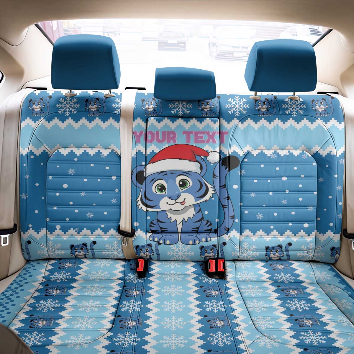 Personalized Blue Tiger Christmas Back Car Seat Cover Kawaii Derpy Tiger Santa Mode - Wonder Print Shop