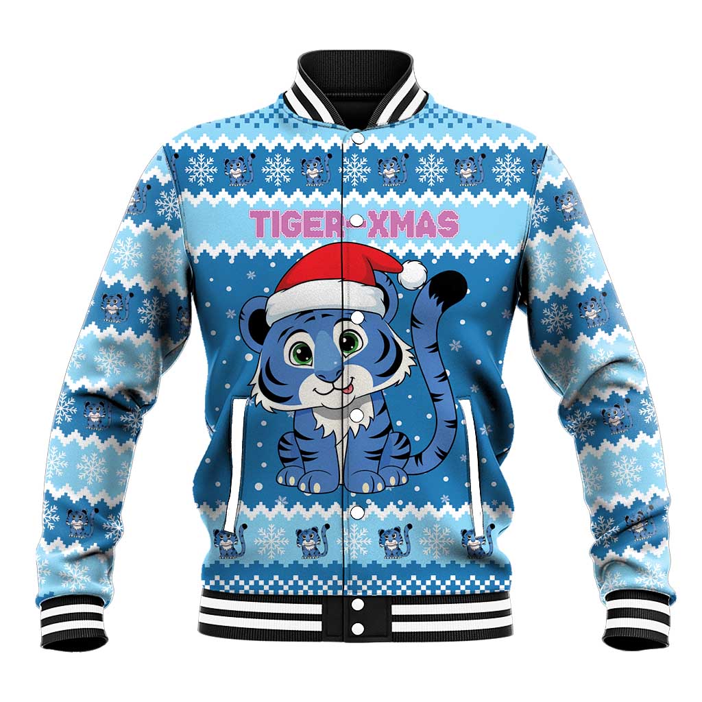 Personalized Blue Tiger Christmas Baseball Jacket Kawaii Derpy Tiger Santa Mode - Wonder Print Shop