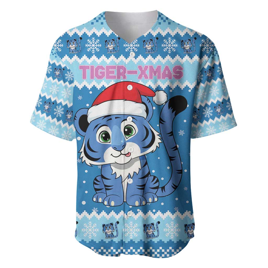 Personalized Blue Tiger Christmas Baseball Jersey Kawaii Derpy Tiger Santa Mode - Wonder Print Shop