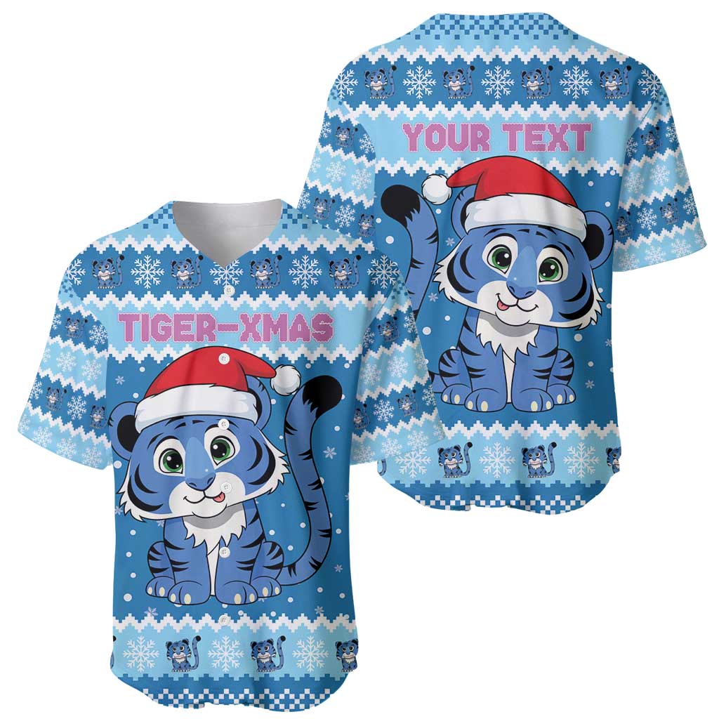 Personalized Blue Tiger Christmas Baseball Jersey Kawaii Derpy Tiger Santa Mode - Wonder Print Shop