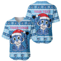 Personalized Blue Tiger Christmas Baseball Jersey Kawaii Derpy Tiger Santa Mode - Wonder Print Shop