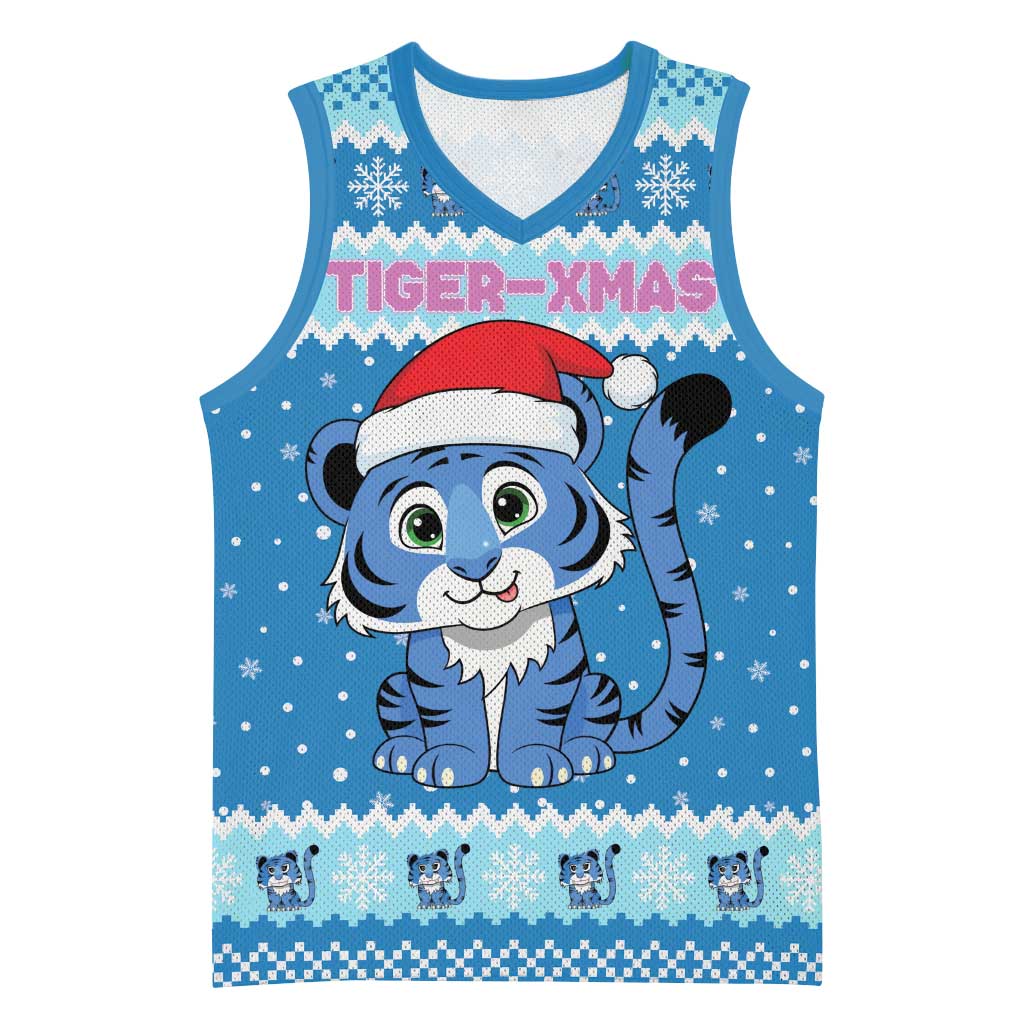 Personalized Blue Tiger Christmas Basketball Jersey Kawaii Derpy Tiger Santa Mode - Wonder Print Shop