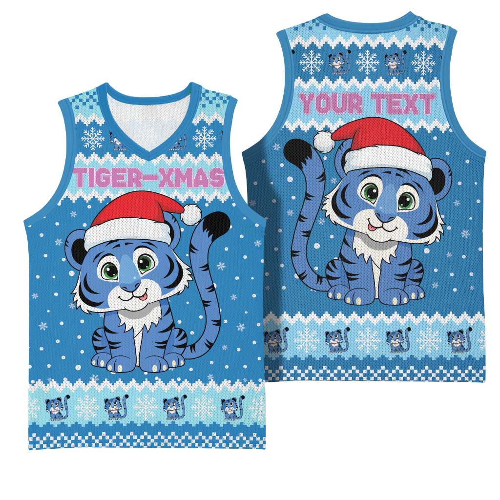 Personalized Blue Tiger Christmas Basketball Jersey Kawaii Derpy Tiger Santa Mode - Wonder Print Shop
