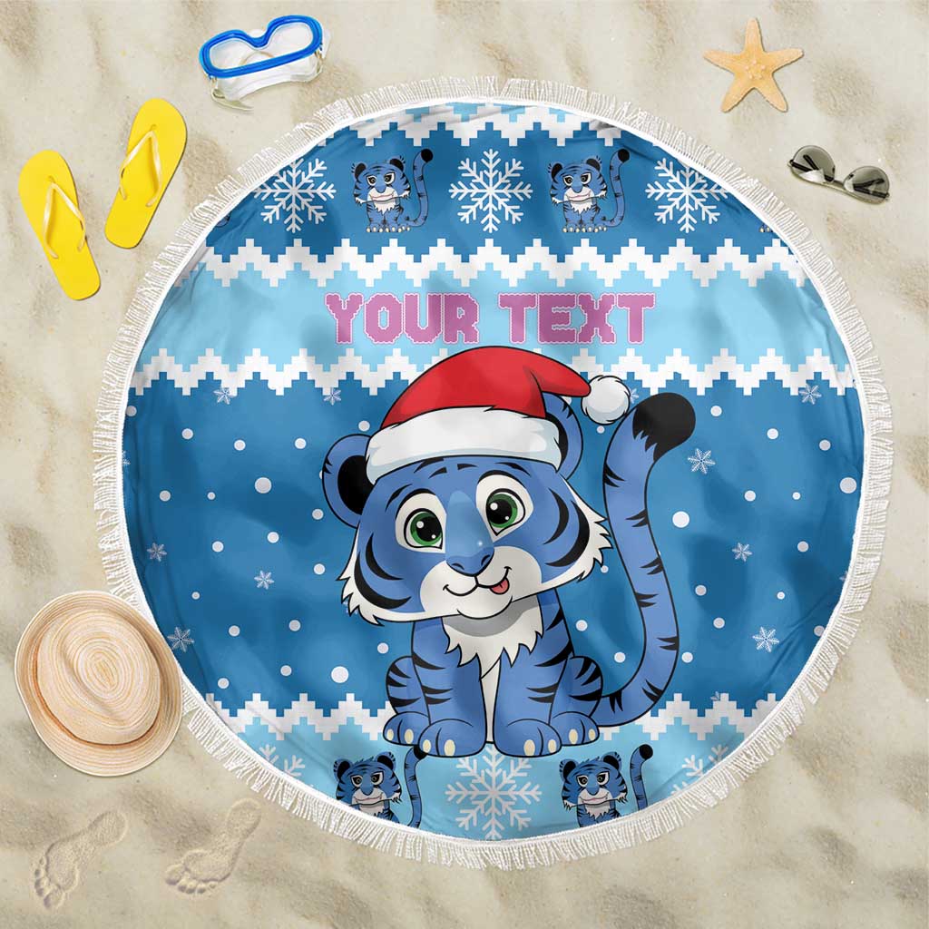 Personalized Blue Tiger Christmas Beach Blanket Kawaii Derpy Tiger Santa Mode - Wonder Print Shop