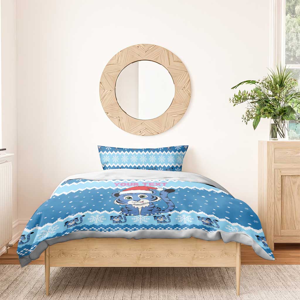 Personalized Blue Tiger Christmas Bedding Set Kawaii Derpy Tiger Santa Mode - Wonder Print Shop
