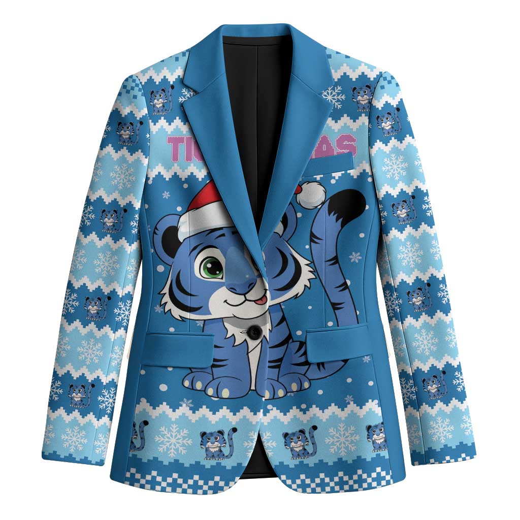 Personalized Blue Tiger Christmas Blazer Kawaii Derpy Tiger Santa Mode - Wonder Print Shop