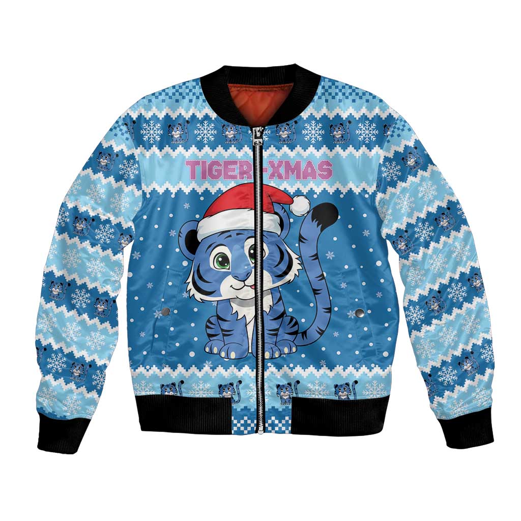 Personalized Blue Tiger Christmas Bomber Jacket Kawaii Derpy Tiger Santa Mode - Wonder Print Shop