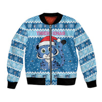 Personalized Blue Tiger Christmas Bomber Jacket Kawaii Derpy Tiger Santa Mode - Wonder Print Shop