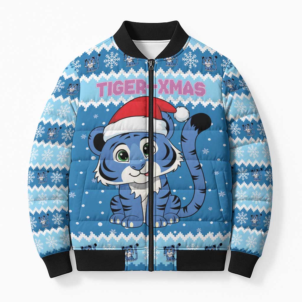 Personalized Blue Tiger Christmas Bomber Puffer Jacket Kawaii Derpy Tiger Santa Mode - Wonder Print Shop