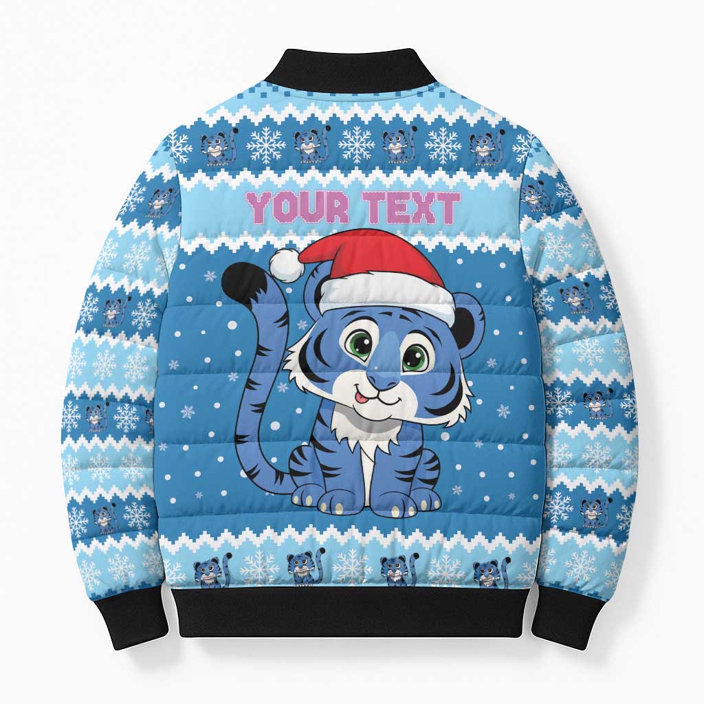 Personalized Blue Tiger Christmas Bomber Puffer Jacket Kawaii Derpy Tiger Santa Mode - Wonder Print Shop