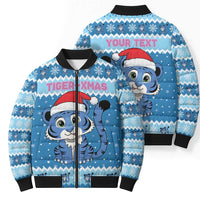 Personalized Blue Tiger Christmas Bomber Puffer Jacket Kawaii Derpy Tiger Santa Mode - Wonder Print Shop