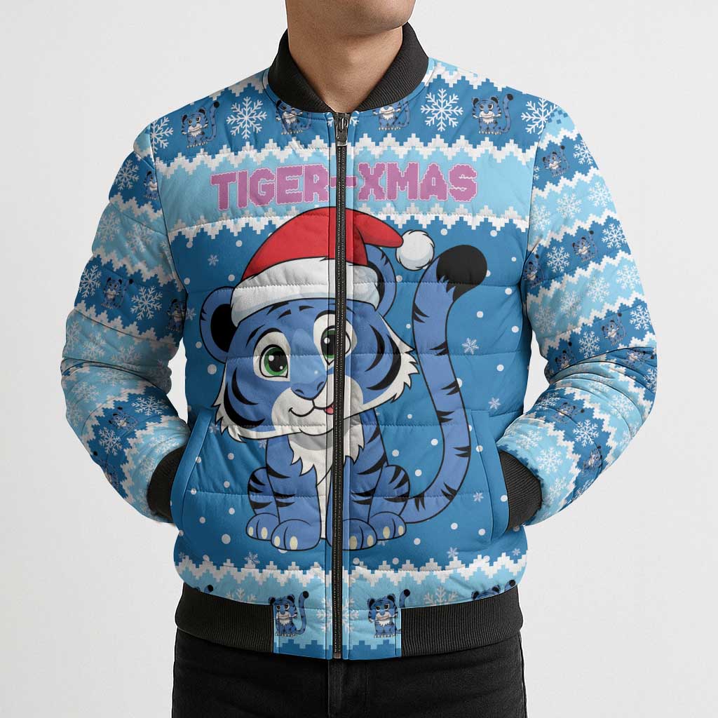 Personalized Blue Tiger Christmas Bomber Puffer Jacket Kawaii Derpy Tiger Santa Mode - Wonder Print Shop