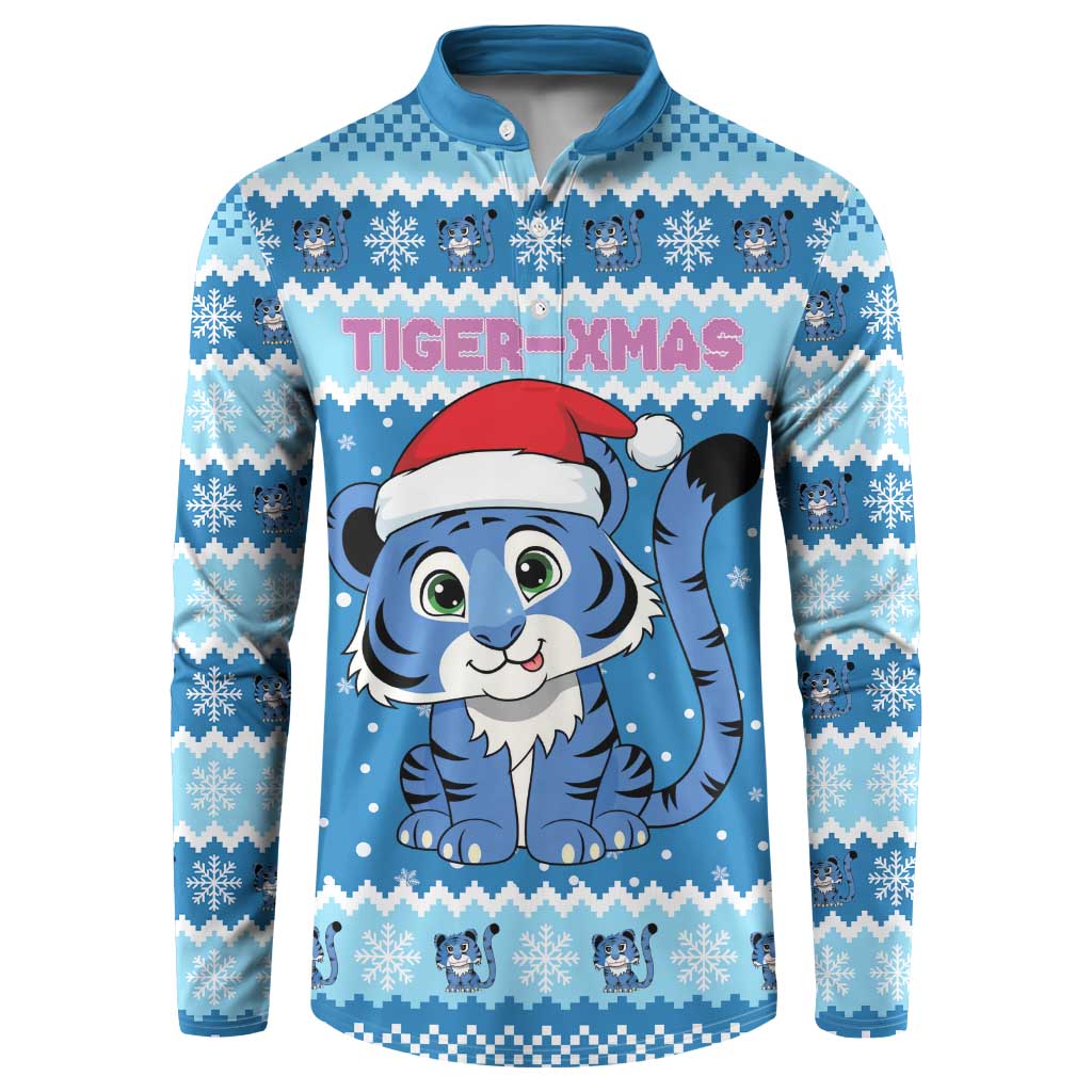Personalized Blue Tiger Christmas Button Sweatshirt Kawaii Derpy Tiger Santa Mode - Wonder Print Shop