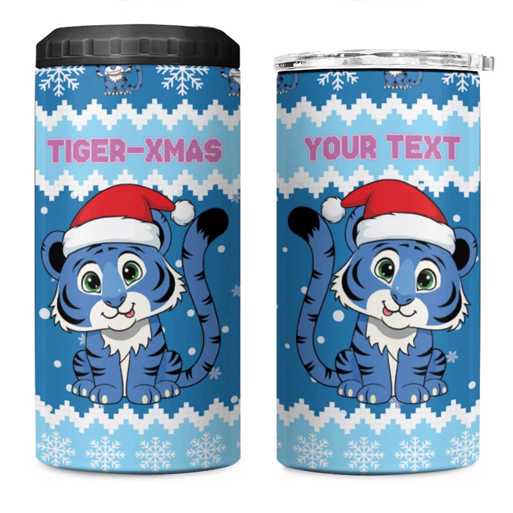Personalized Blue Tiger Christmas 4 in 1 Can Cooler Tumbler Kawaii Derpy Tiger Santa Mode - Wonder Print Shop