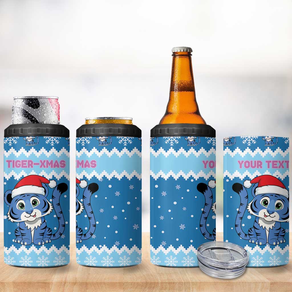 Personalized Blue Tiger Christmas 4 in 1 Can Cooler Tumbler Kawaii Derpy Tiger Santa Mode - Wonder Print Shop