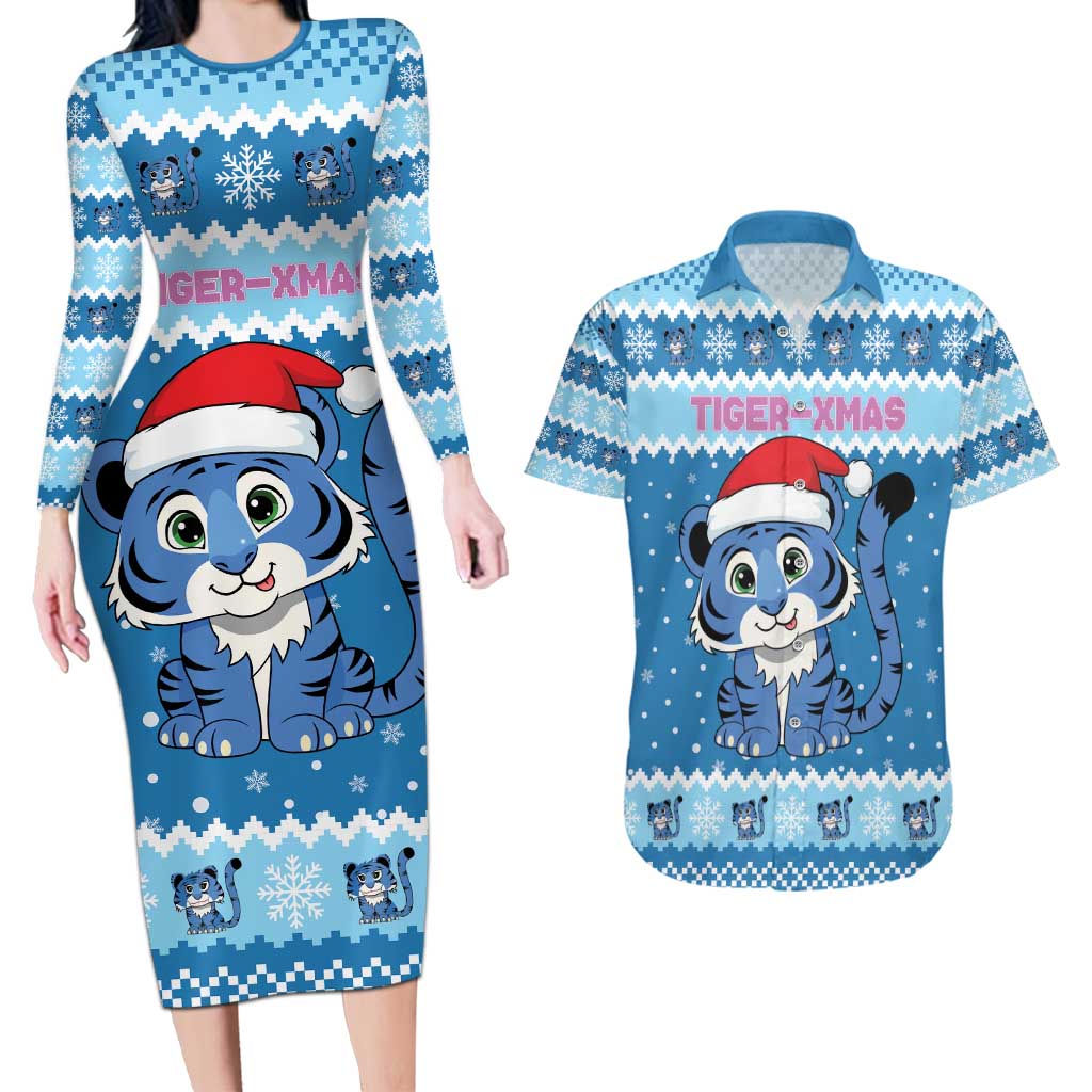 Personalized Blue Tiger Christmas Couples Matching Long Sleeve Bodycon Dress and Hawaiian Shirt Kawaii Derpy Tiger Santa Mode - Wonder Print Shop