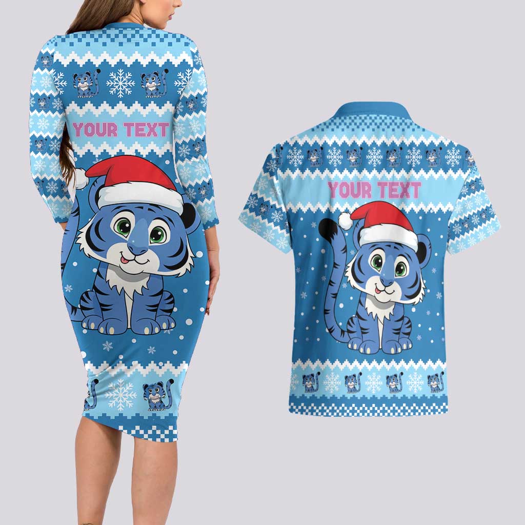 Personalized Blue Tiger Christmas Couples Matching Long Sleeve Bodycon Dress and Hawaiian Shirt Kawaii Derpy Tiger Santa Mode - Wonder Print Shop