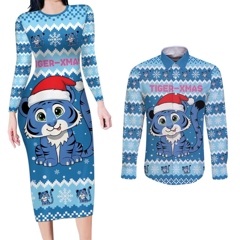 Personalized Blue Tiger Christmas Couples Matching Long Sleeve Bodycon Dress and Long Sleeve Button Shirt Kawaii Derpy Tiger Santa Mode - Wonder Print Shop