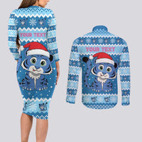 Personalized Blue Tiger Christmas Couples Matching Long Sleeve Bodycon Dress and Long Sleeve Button Shirt Kawaii Derpy Tiger Santa Mode - Wonder Print Shop