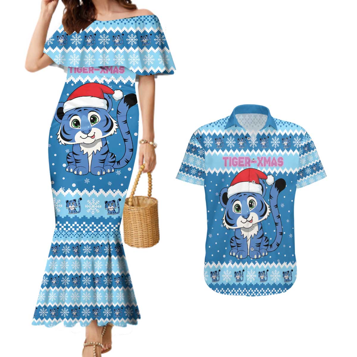 Personalized Blue Tiger Christmas Couples Matching Mermaid Dress and Hawaiian Shirt Kawaii Derpy Tiger Santa Mode - Wonder Print Shop