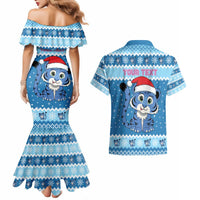 Personalized Blue Tiger Christmas Couples Matching Mermaid Dress and Hawaiian Shirt Kawaii Derpy Tiger Santa Mode - Wonder Print Shop
